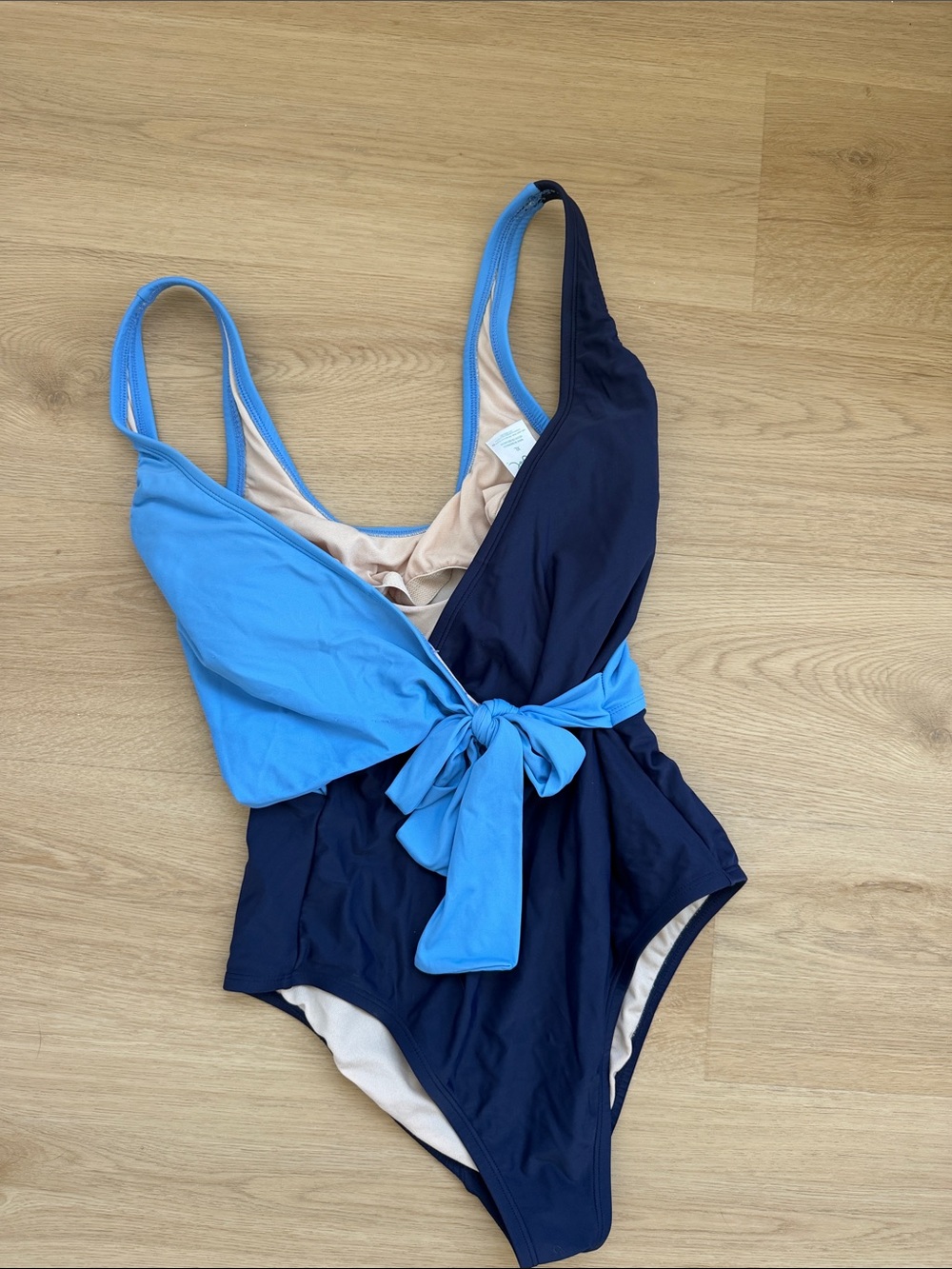 Kona Sol Navy and Light Blue One-Piece Swimsuit with Waist Tie